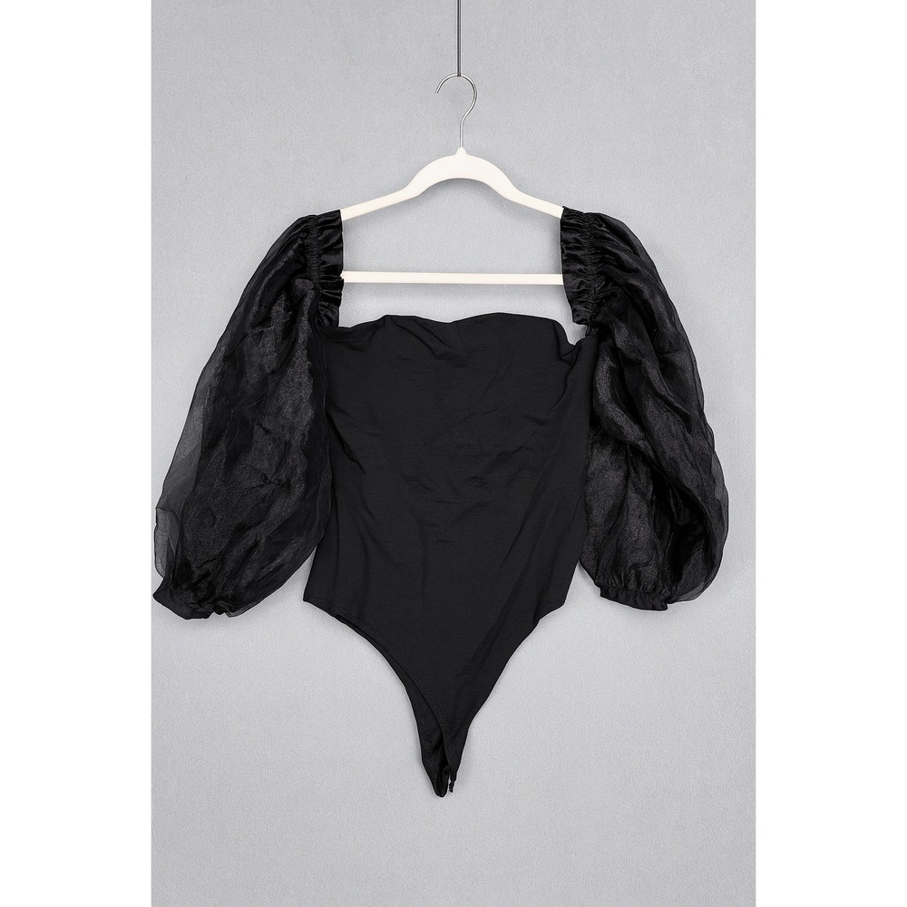 Lulus Black‎ Off Shoulder Puff Sleeve Bodysuit Women Medium Sheer Organza Sleeve